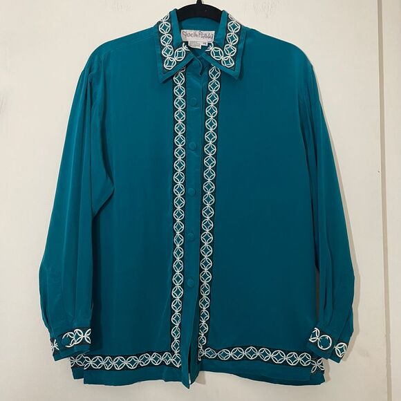 Vintage Dian von Furstenberg XS Silk Teal Blouse Embroidered‎ Mother Geometric - Picture 1 of 16